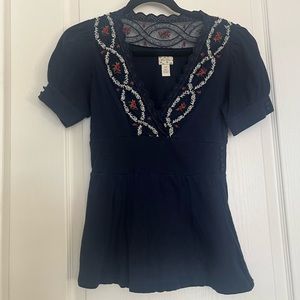 Dark blue short sleeved top with lace